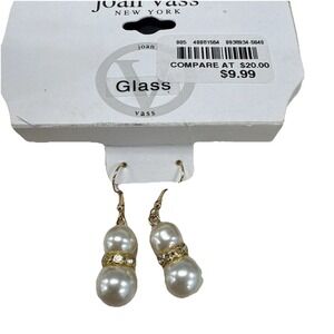 Joan Vass Crystal Dangle Earrings Pierced Faux  Pearl Bead E1-11